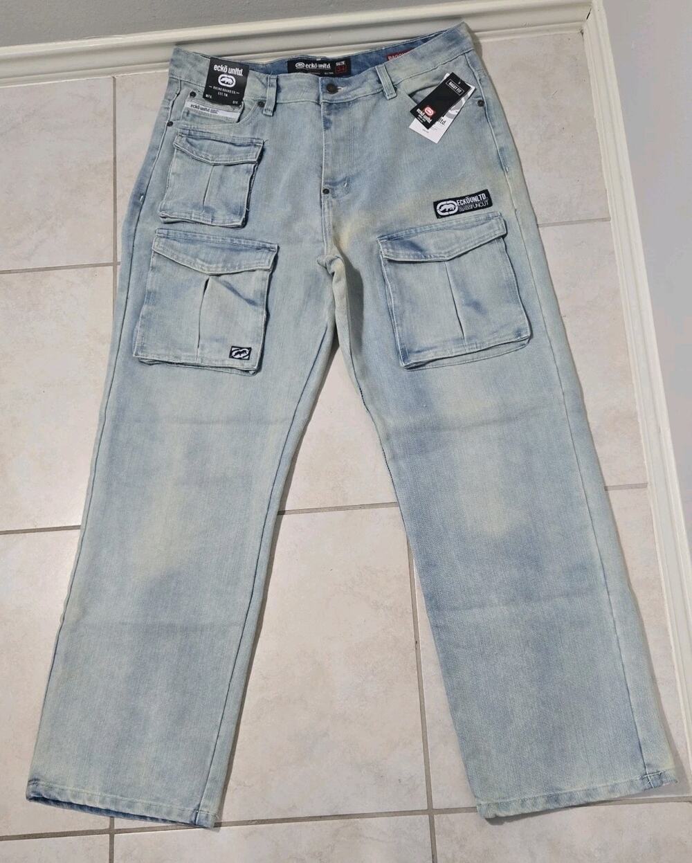 Ecko Unltd Mens 34 Baggy Fit Cargo Jeans Light Wash NWT Y2K #0291 Hip Hop #0278